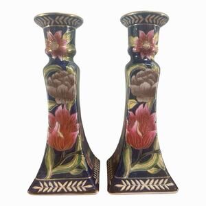 Ganz Bella Casa Blue Floral Candle Holders Gold Trim Chinoiserie Style TWO Lotus